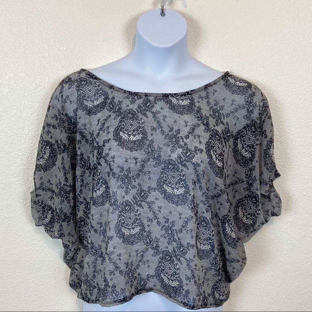 Paper Crane USA Dolman Sleeve Sheer Lace Print Top
